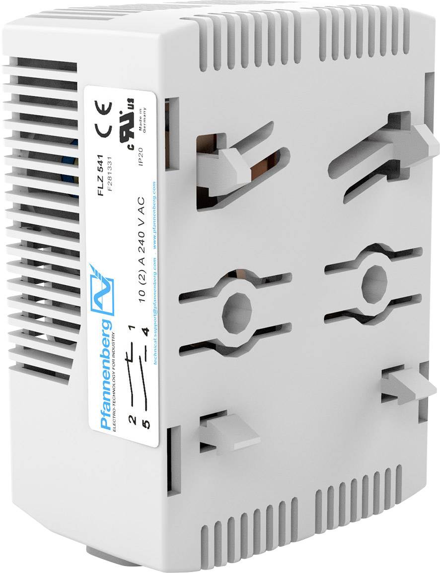 Szare urządzenie z tworzywa sztucznego z otworami wentylacyjnymi i etykietą produktu 'Pfannenberg'. Odpowiednie do montażu w zastosowaniach przemysłowych.