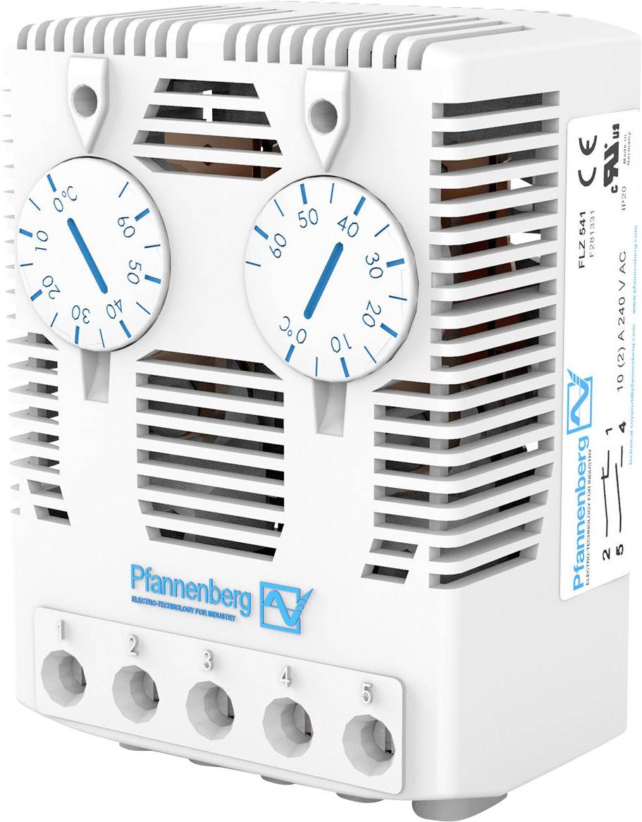 Białe urządzenie elektryczne z dwoma okrągłymi wskaźnikami temperatury i wilgotności, szczelinami wentylacyjnymi oraz kilkoma gniazdami przyłączeniowymi u dołu.