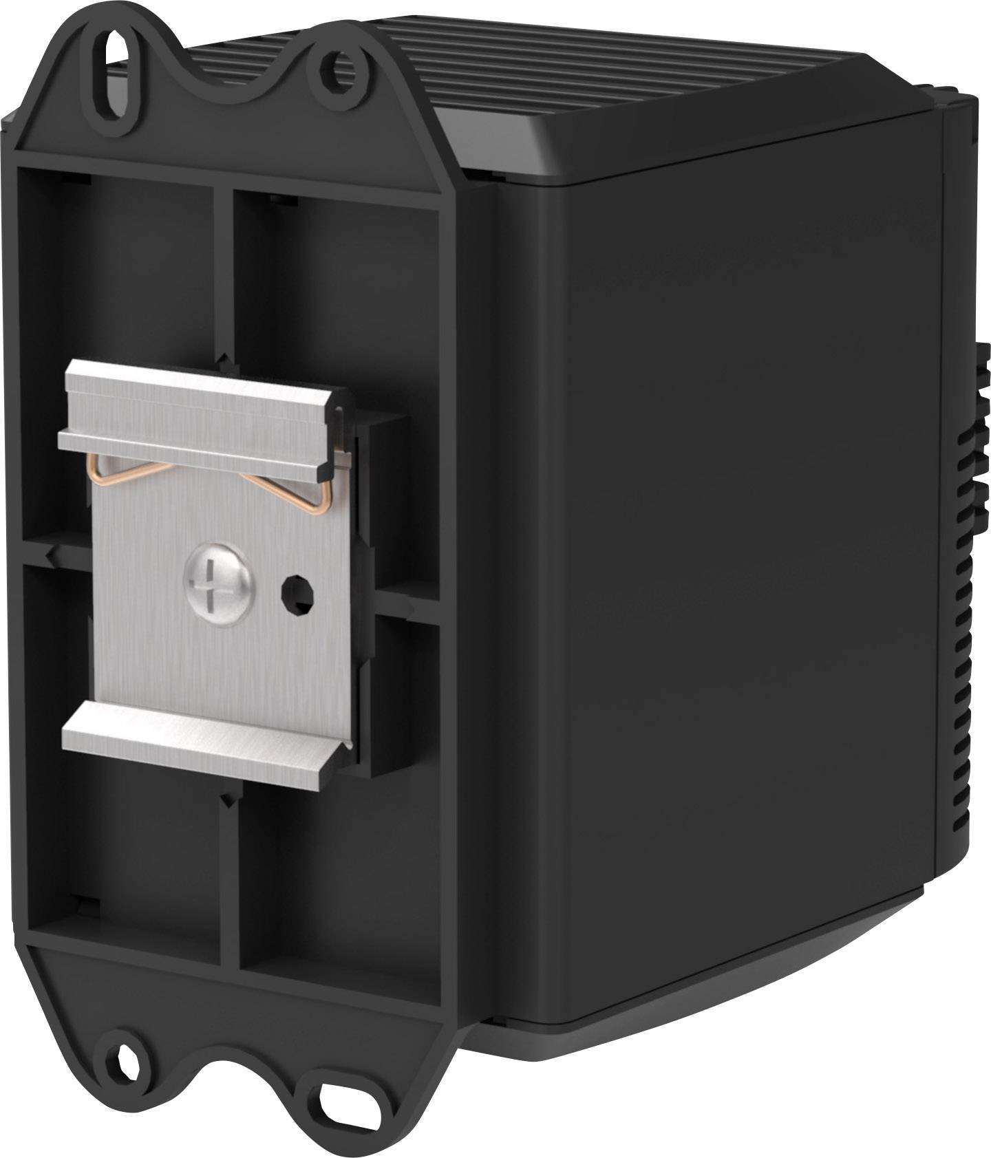 Czarny element elektroniczny z metalowym zaciskiem, przeznaczony do montażu w urządzeniu. Odpowiedni do zastosowań elektrycznych.