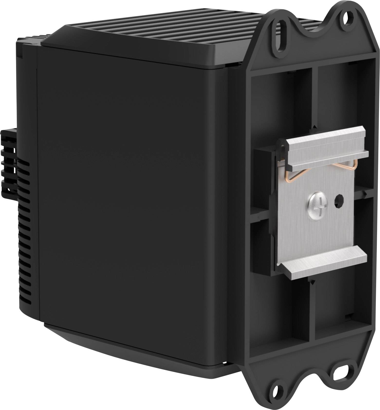 Czarny element elektryczny z żeberkami chłodzącymi i płytą montażową, odpowiedni do instalacji w urządzeniach elektronicznych.