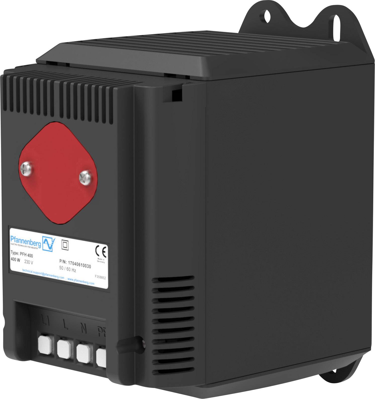 Czarny, kwadratowy kontroler wentylatora z czerwonym przyciskiem i etykietą firmową; odpowiedni do systemów 230V, 50Hz.