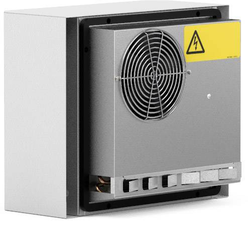 Jednostka chłodząca z wentylatorem i żółtym znakiem ostrzegawczym, zamontowana na powierzchni metalowej.