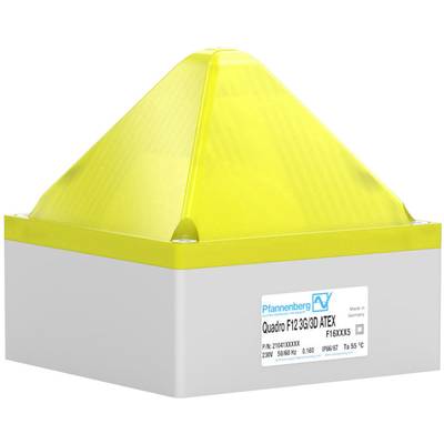 Kwadratowa lampa sygnalizacyjna Quadro F12-3G/D ATEX firmy Pfannenberg z żółną obudową z tworzywa sztucznego i tabliczką znamionową, przeznaczona do stosowania w strefach zagrożonych wybuchem.