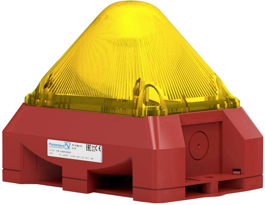 Żółta lampa ostrzegawcza z czerwoną obudową, przeznaczona do zastosowań przemysłowych, z widocznymi certyfikatami bezpieczeństwa na przedniej stronie.