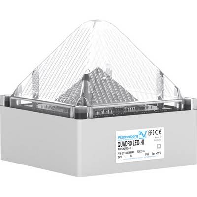 Przemysłowa lampa ostrzegawcza Pfannenberg Quadro LED-HI z przezroczystą, ostrosłupową nakładką z tworzywa sztucznego i specyfikacją techniczną.
