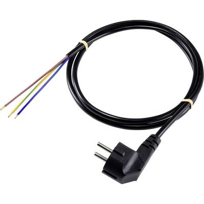 Czarny kabel sieciowy z wtyczką Schuko, na jednym końcu zakończony wielokolorowymi żyłami: czerwoną, zieloną, niebieską, żółtą.