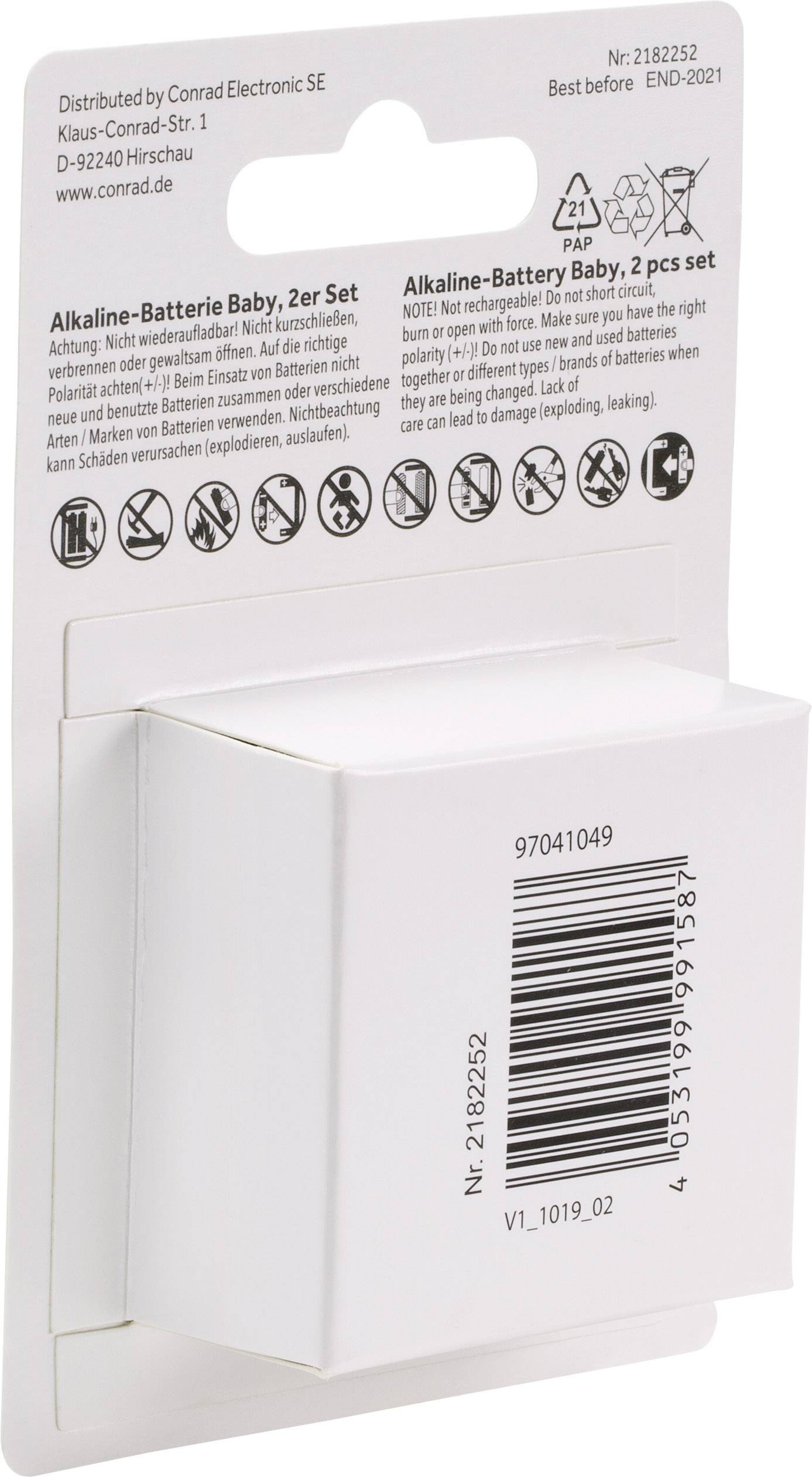 Zestaw 2 baterii alkalicznych, rozmiar Baby. Zawiera dwie baterie Baby. Na opakowaniu widoczne są piktogramy baterii, instrukcja oraz kod kreskowy.