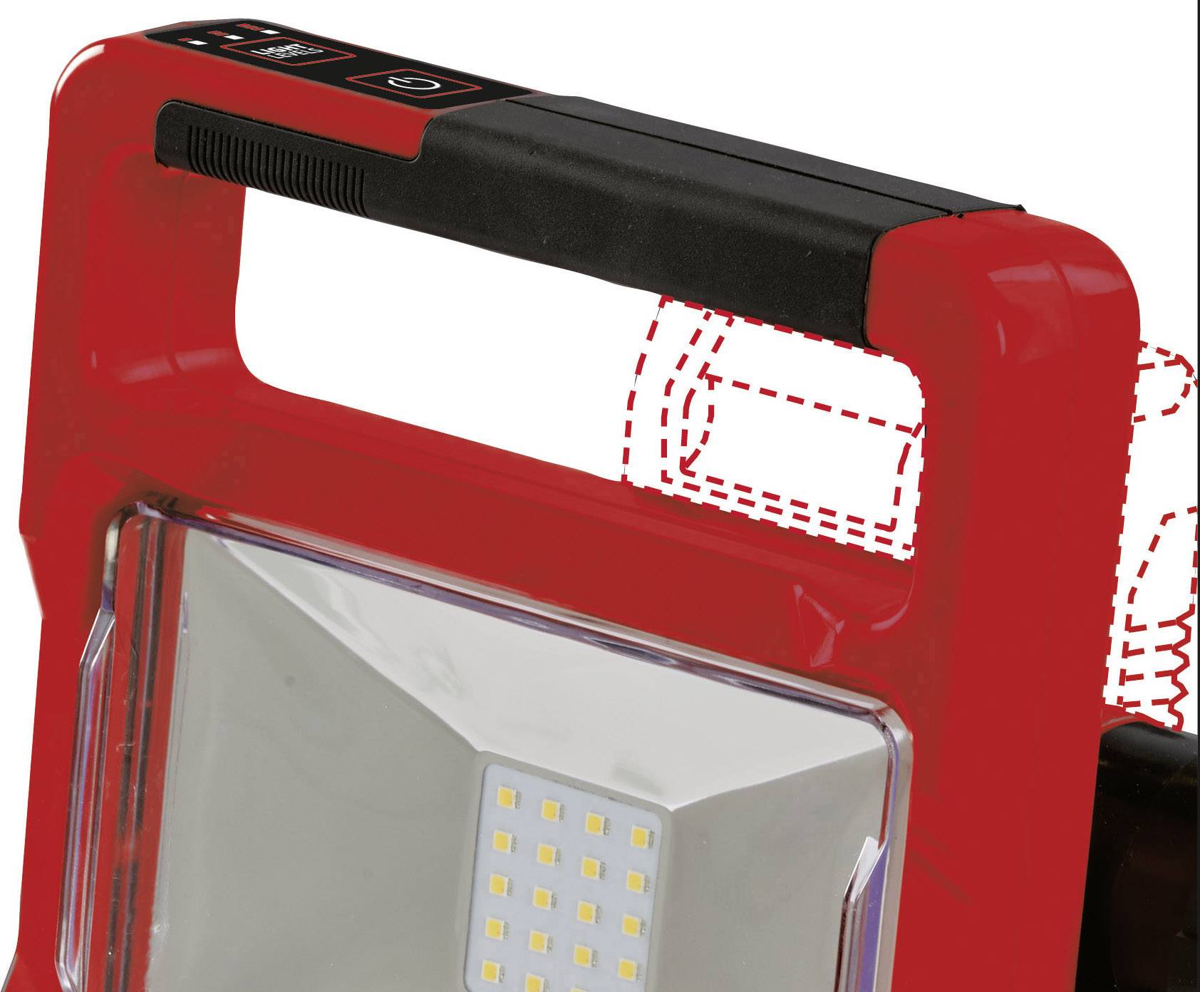 Prosta przenośna lampa robocza LED z uchwytem, widoczne diody LED za przezroczystą osłoną.