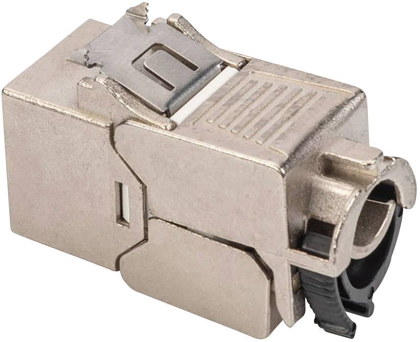 Metalowy moduł RJ45, ekranowany, do okablowania sieciowego.