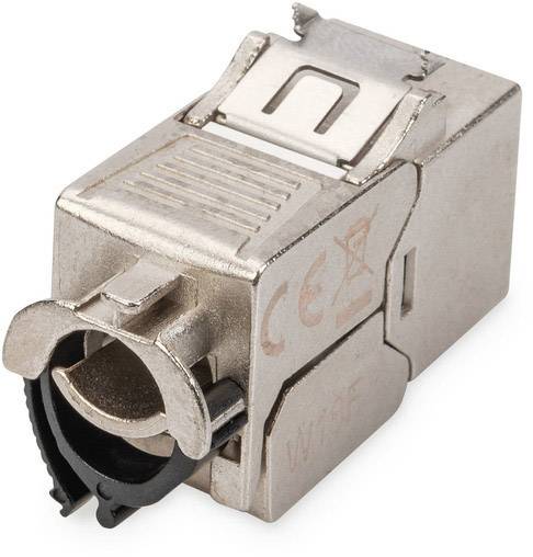 Metalowy wtyk sieciowy RJ-45 z osłoną zabezpieczającą i widocznymi symbolami CE, przeznaczony do bezpiecznego podłączenia sieci Ethernet.