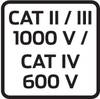 Napis 'CAT II/III 1000 V / CAT IV 600 V' na czarnym tle, przedstawiający kategorię bezpieczeństwa i ocenę napięcia dla urządzeń elektrycznych.
