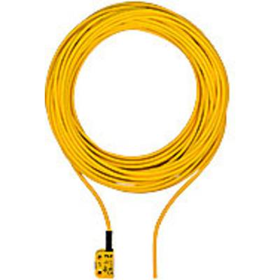 Jasnopomarańczowy kabel jest ściśle zwinięty. Na końcu kabla znajduje się prostokątna, żółta wtyczka.