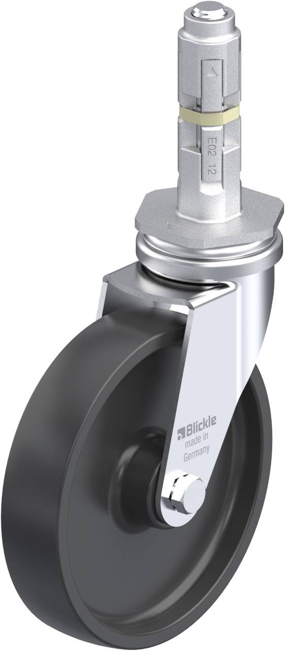Czarna rolka kierunkowa wykonana z metalu i tworzywa sztucznego, u góry z cylindrycznym złączem. Napis 'Blickle Made in Germany'.
