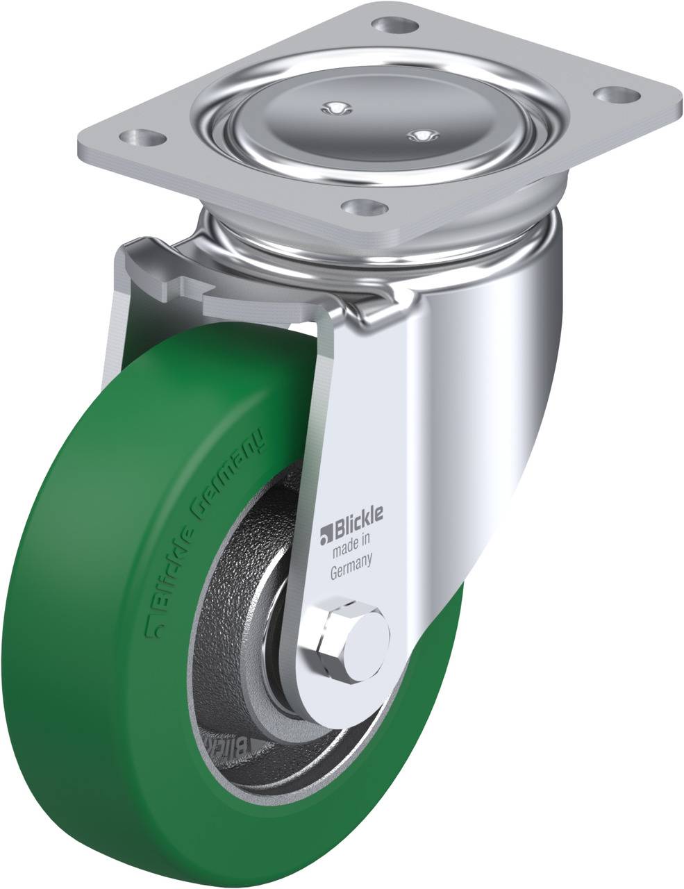 Przemysłowe kółko kierowane z zielonym kołem i metalową obudową, odpowiednie do ciężkich obciążeń.