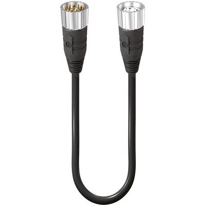 Dwa czarne przewody elektryczne z metalowymi wtyczkami, połączone czarnym kablem, na białym tle.