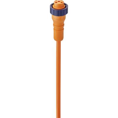 Pomarańczowy kabel elektryczny z okrągłą wtyczką jest skierowany w stronę obiektywu. Wtyczka posiada trzy otwory i niebieski pierścień.