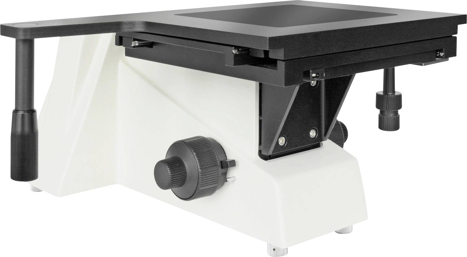 Białoczarny stół optyczny z regulowanymi gałkami, używany do precyzyjnego pozycjonowania urządzeń laboratoryjnych.