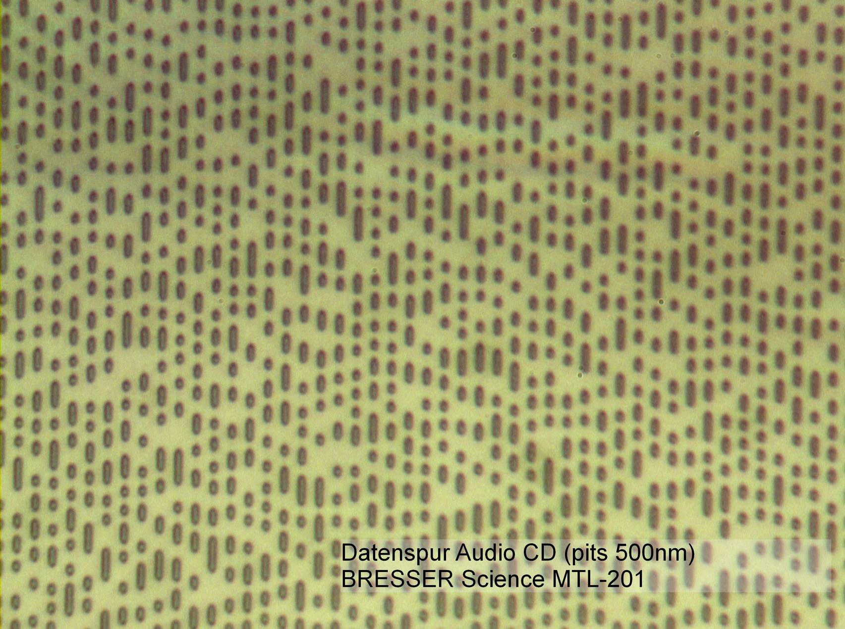 Mikrofotografia śladu danych na płycie audio CD; przedstawia regularne wzory wgłębień (pit) o rozmiarze 500 nm. Tekst: BRESSER Science MTL-201.