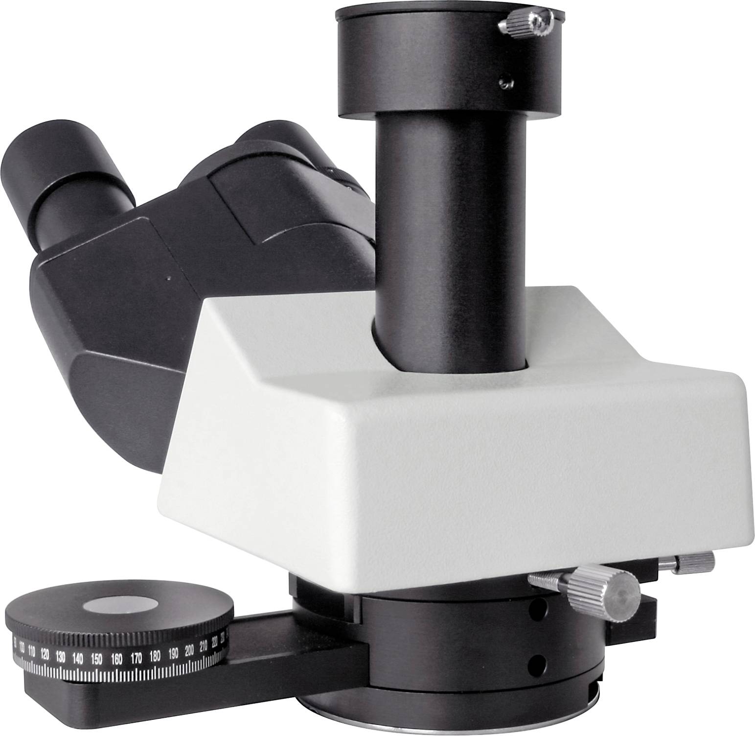 Mikroskop z dwoma okularami i pokrętłem ostrości, odpowiedni do badań naukowych i szczegółowych obserwacji.