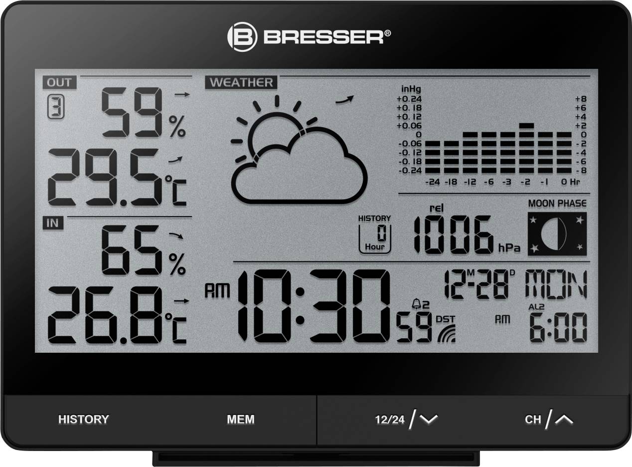 Cyfrowa stacja pogodowa wyświetla wilgotność, temperaturę, prognozę pogody z symbolami słońca i chmur, godzinę, datę i fazę księżyca.