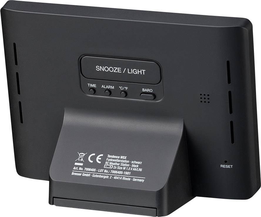 Tylna strona cyfrowej stacji pogodowej z przyciskami 'Drzemka/Podświetlenie', 'Czas', 'Alarm', '°C/°F' oraz 'Barometr'. Zintegrowana podstawka.