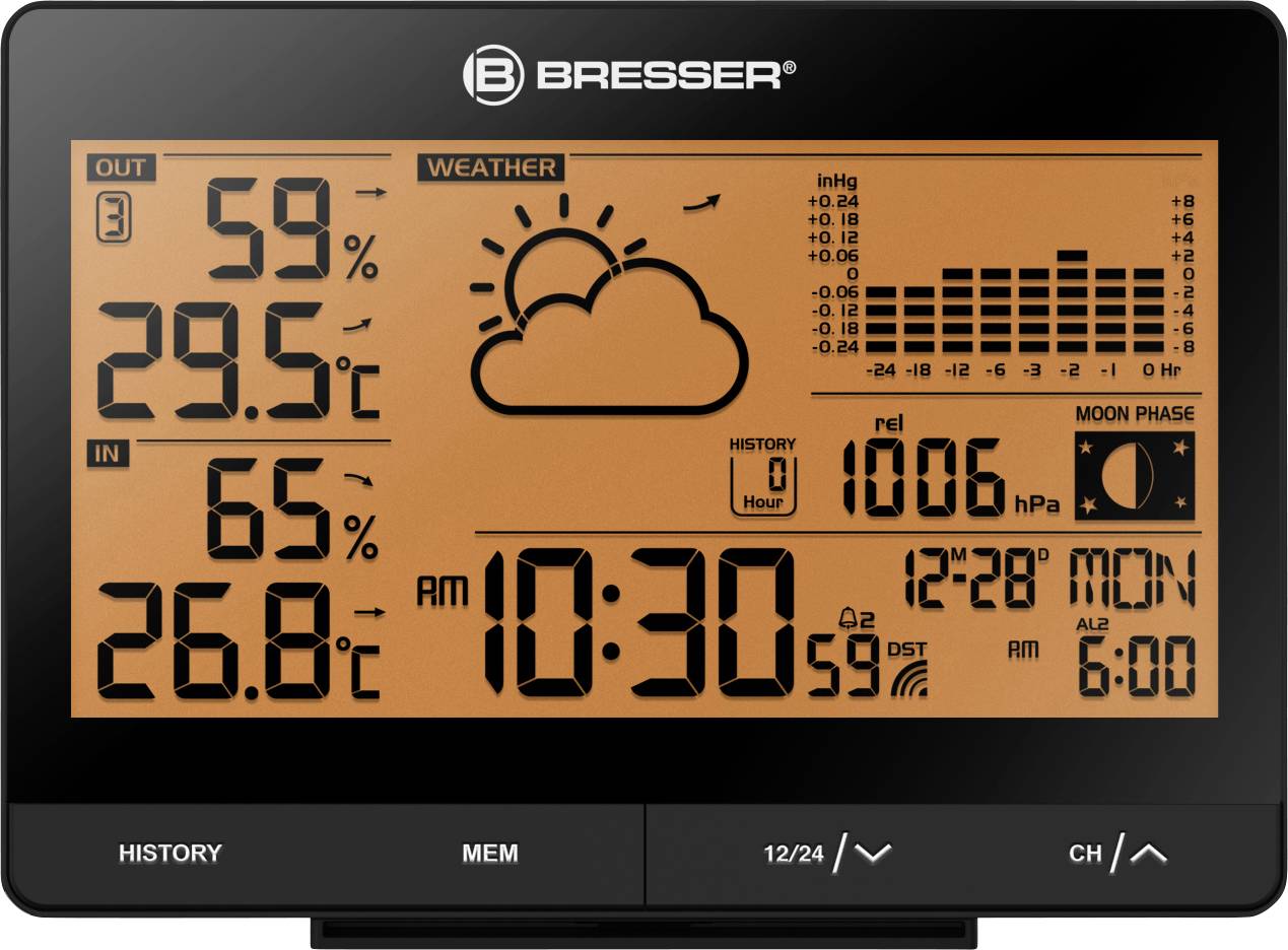 Cyfrowa stacja pogodowa z wyświetlaczem temperatury i wilgotności powietrza do użytku wewnętrznego i zewnętrznego, z funkcją pokazywania czasu, daty, fazy księżyca oraz prognozy pogody.
