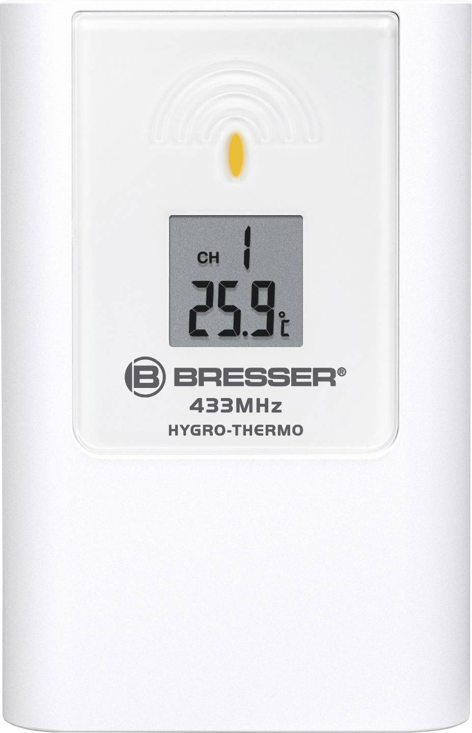 Biały czujnik temperatury i wilgotności wyświetla '25,9°C' na wyświetlaczu cyfrowym. Oznaczony jako 'BRESSER 433MHz HYDRO-TERMO'.