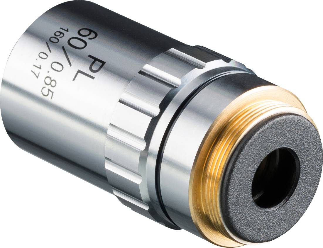 Metalowy mikroobiektyw, częściowo złocony, z napisem 'PL 60/0.85 ∞/0.17', używany do powiększania obiektów.