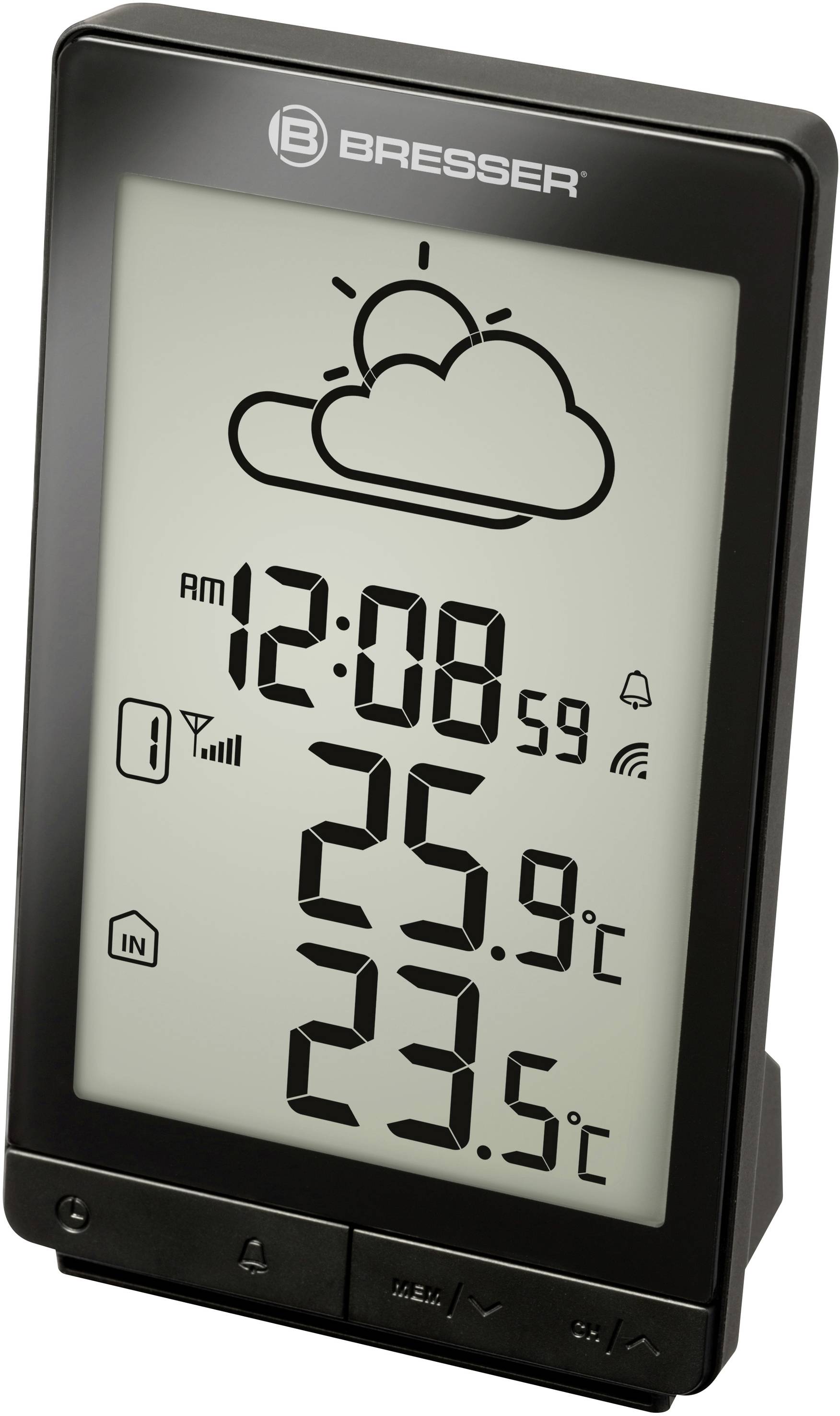 Termometr cyfrowy z godziną (12:08), pokazujący temperaturę zewnętrzną 25,9°C i temperaturę wewnętrzną 23,5°C, symbol słońca.