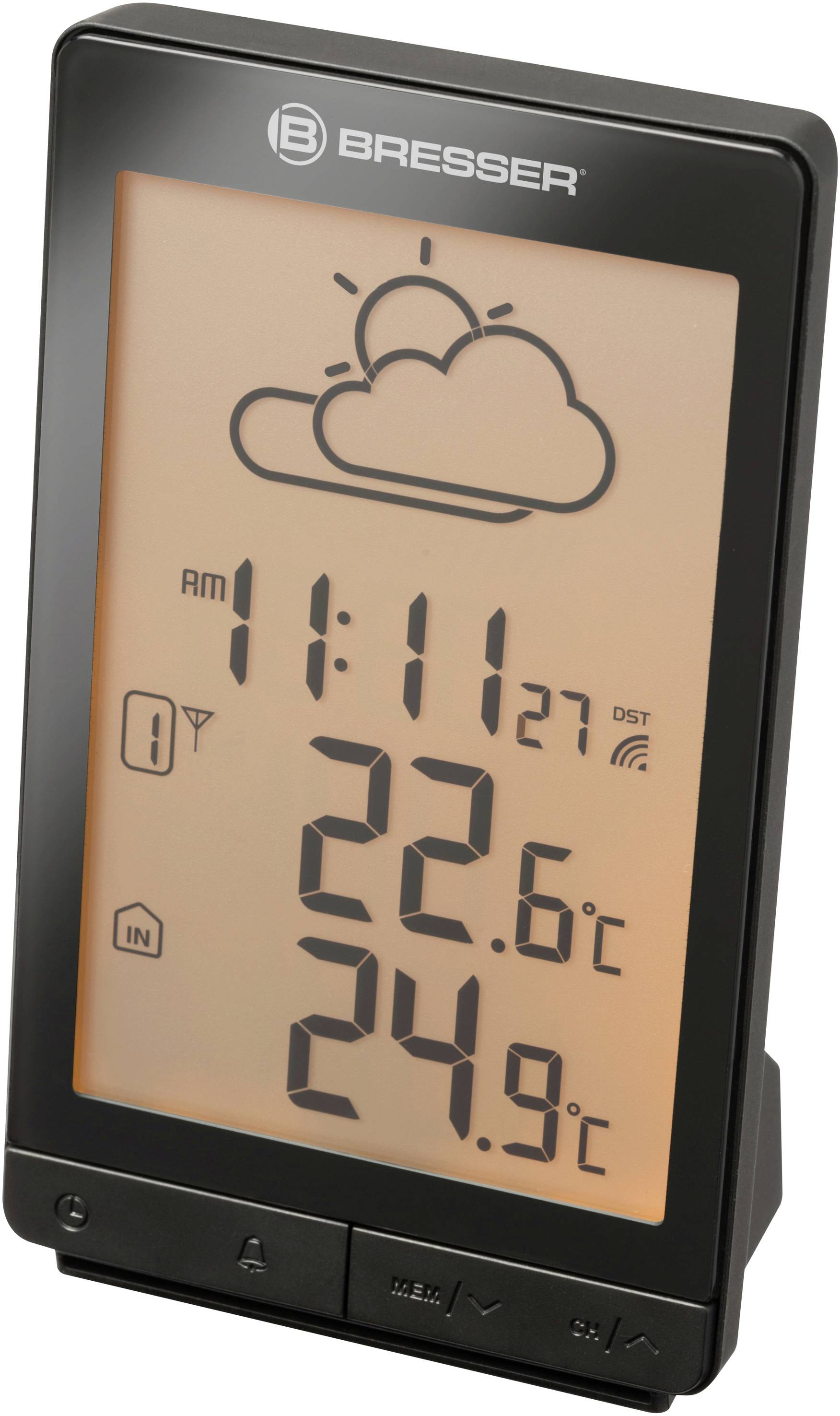 Cyfrowa stacja meteorologiczna wyświetla godzinę, datę, symbol chmur oznaczający zachmurzenie, temperaturę zewnętrzną 22,6°C oraz temperaturę wewnętrzną 24,9°C.