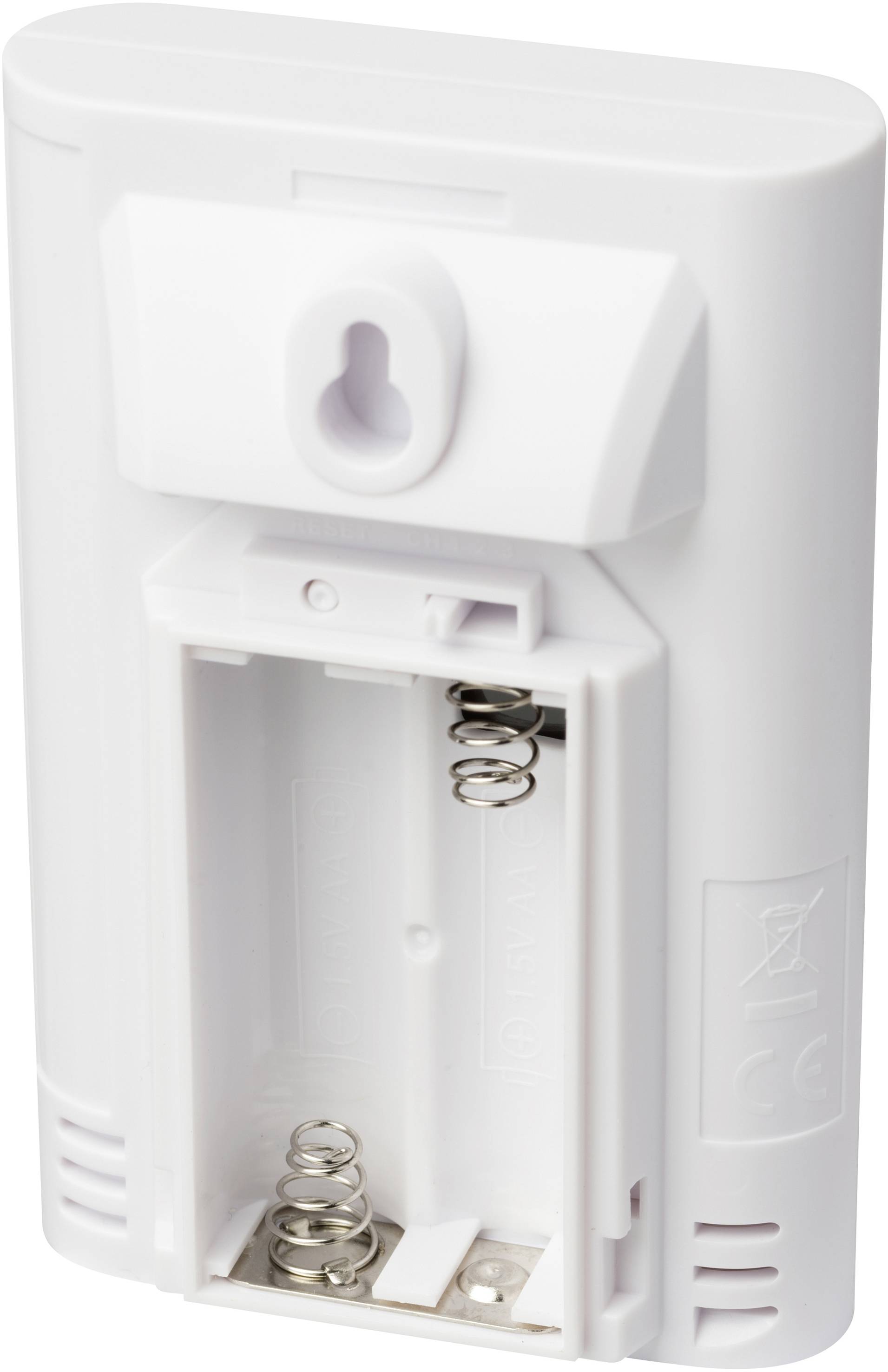 Urządzenie elektroniczne z otwartą komorą baterii. Widoczne są trzy styki sprężynowe do baterii. Pokrywa komory baterii jest lekko uchylona.