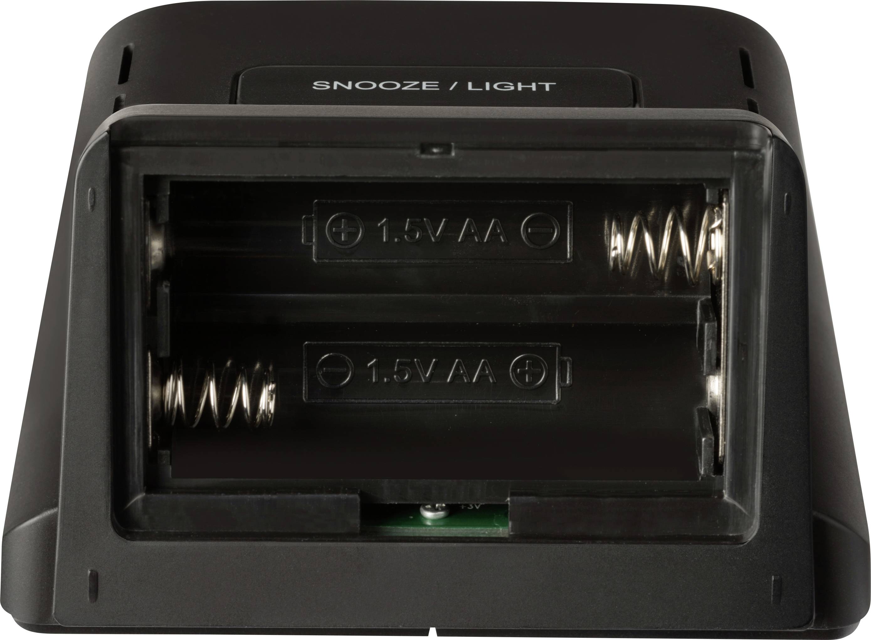 Tylna strona budzika z otwartą komorą baterii, która wymaga dwóch baterii AA. Na górze widoczny jest przycisk 'DRZEMKA / PODŚWIETLENIE'.