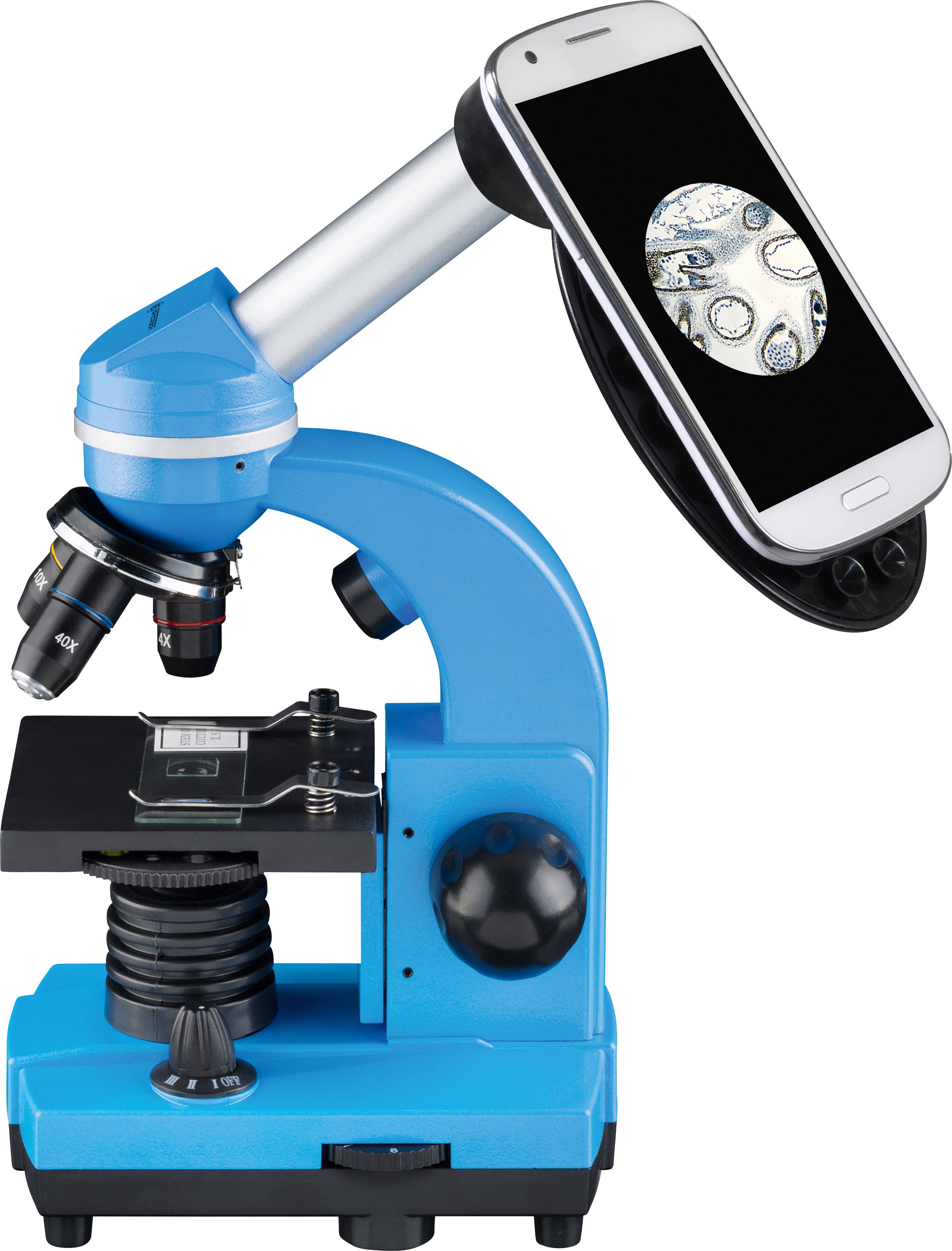Niebieski mikroskop z uchwytem na smartfona, pokazujący powiększenie komórek na ekranie telefonu.