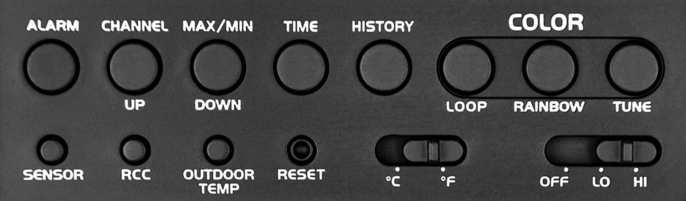 'Panel z przyciskami do Alarmu, Kanału, Maks/Min, Czasu, Wykresu. Suwak do wydajności czujnika, temperatury w °C/°F oraz wyboru koloru.'