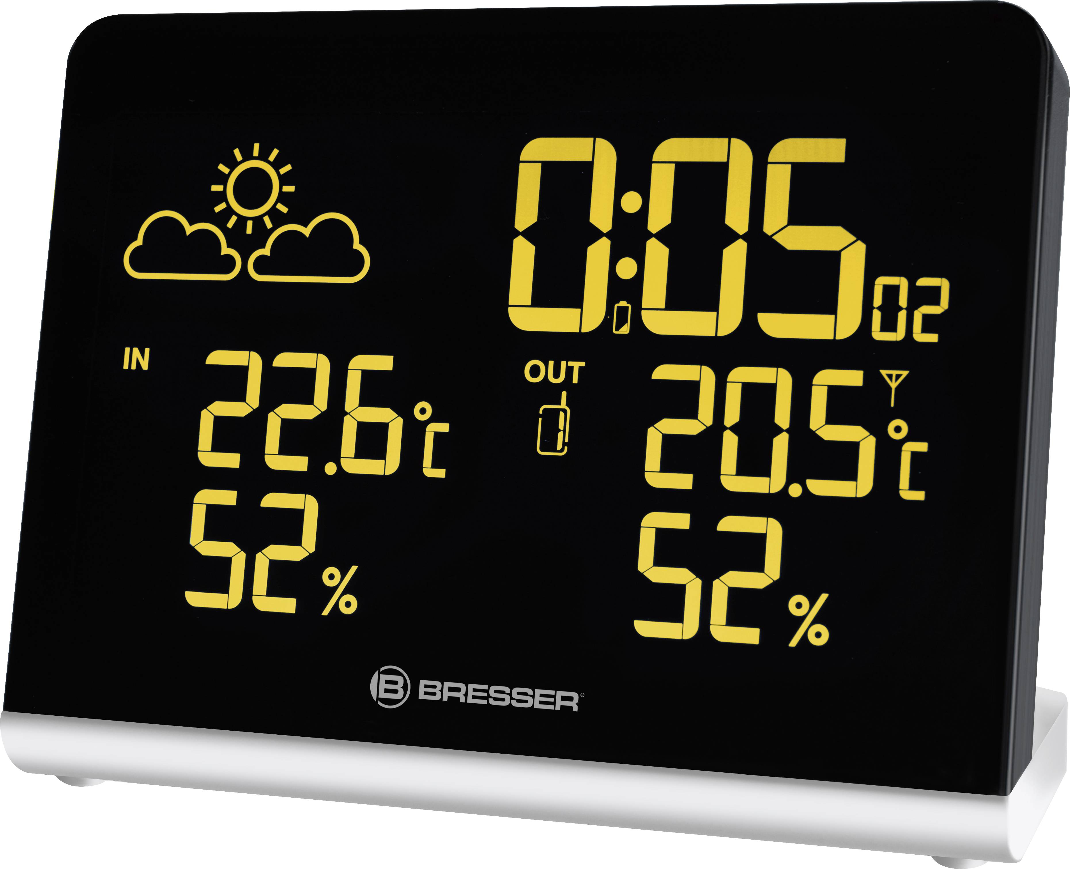Ekran cyfrowej stacji pogodowej: Wewnątrz 22,6°C, wilgotność 52%; Na zewnątrz 20,5°C, wilgotność 52%; widać słońce z chmurami.