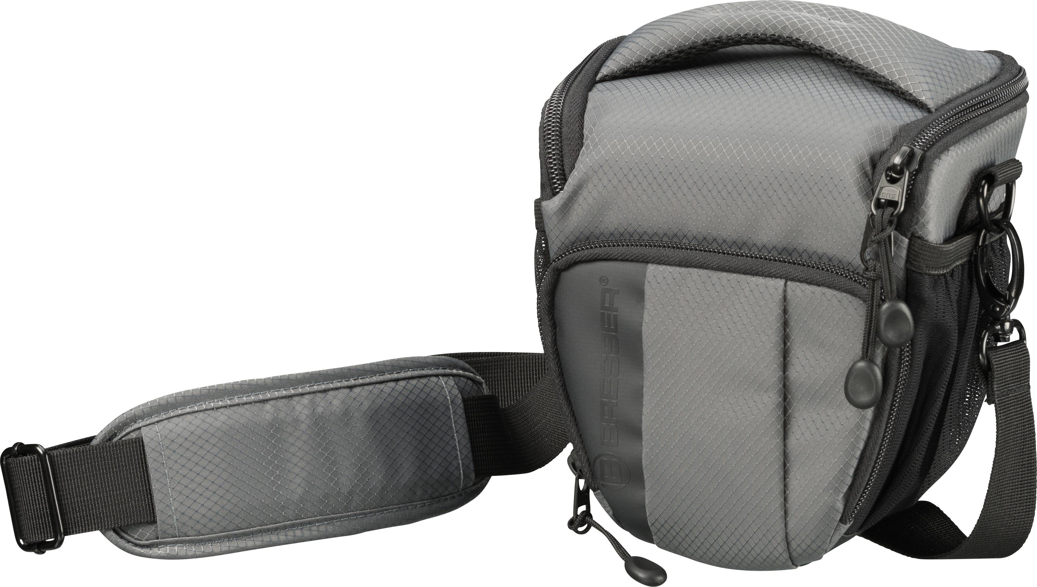 Szara-czarna torba na ramię z wyściełanym paskiem i wieloma zamkami błyskawicznymi.