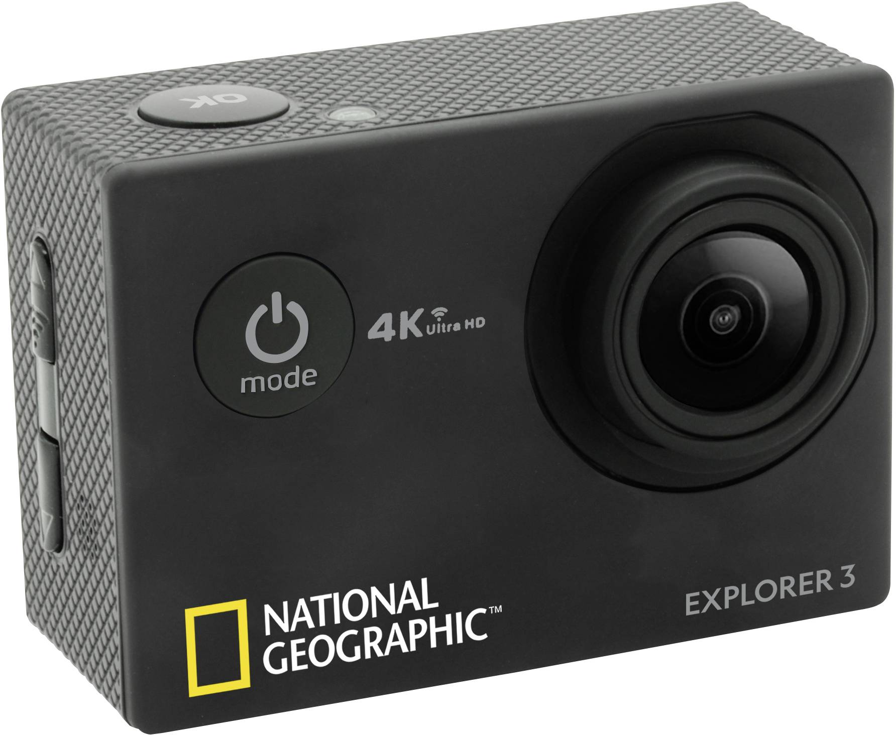 Czarna kamera akcyjna z napisem 'National Geographic Explorer 3' i '4K Ultra HD' na przedniej stronie.