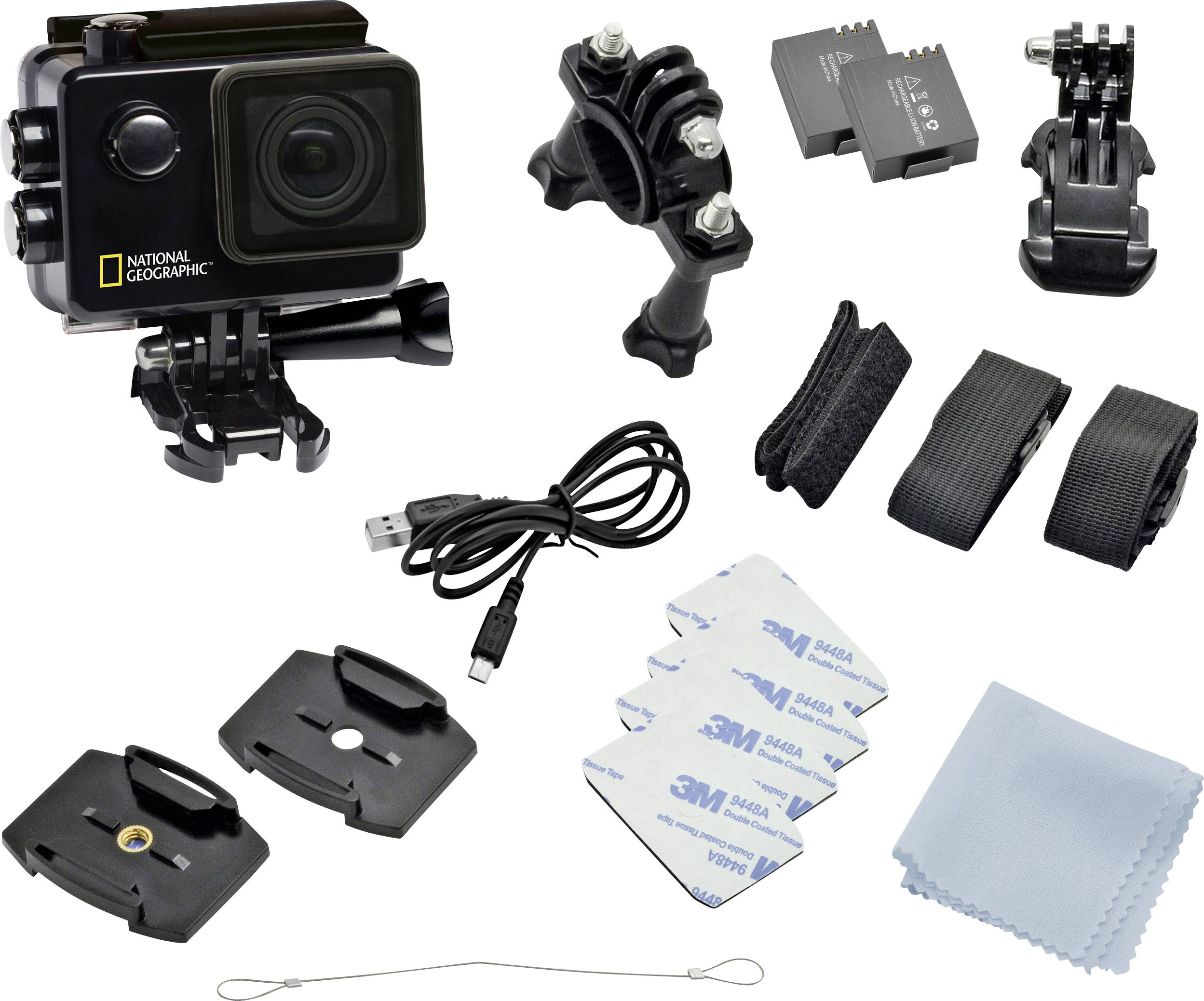 Kamera sportowa z akcesoriami: uchwyty, kable, baterie, opaski rzepowe, podkładki klejące i ściereczka czyszcząca, idealna do nagrań w plenerze.