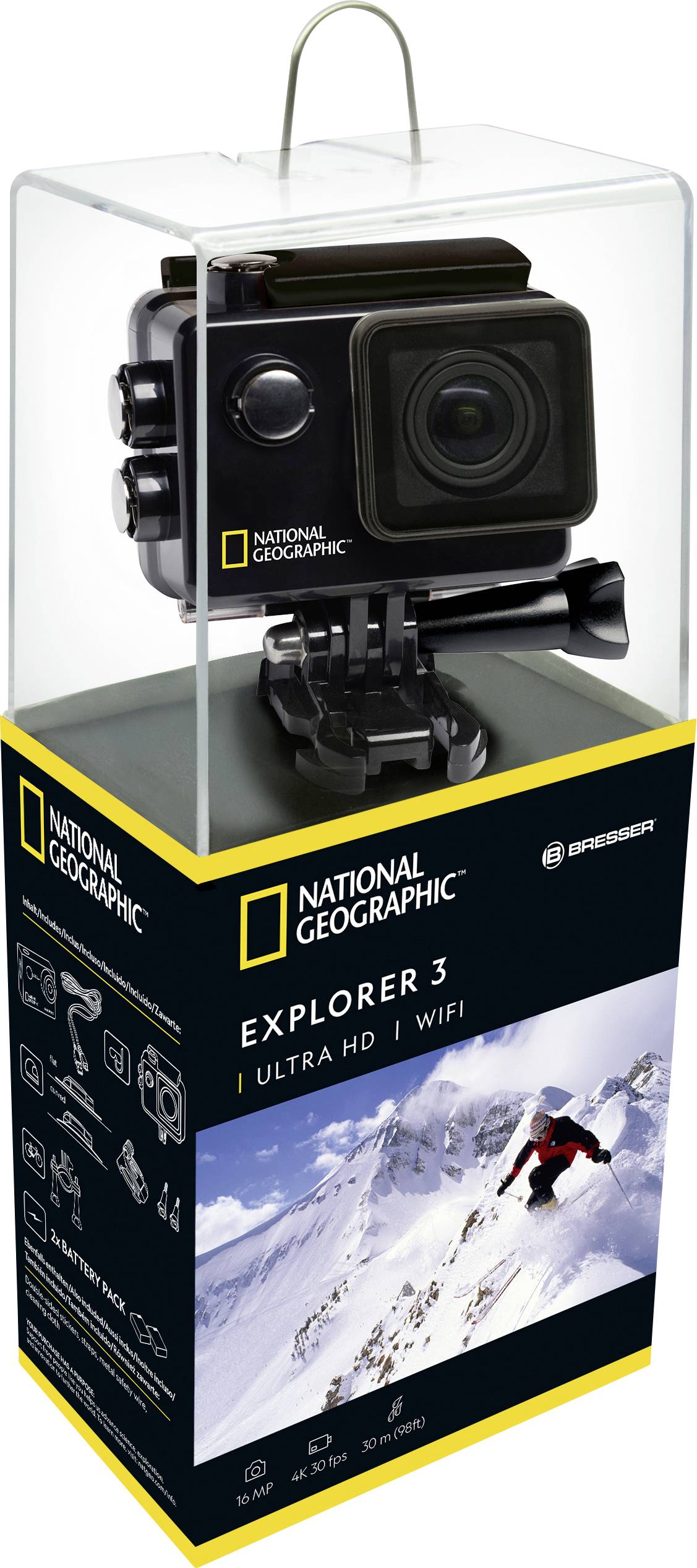 Narodowy Geograficzny Eksplorator 3 Kamera w opakowaniu. Funkcje: Ultra HD, WiFi. Opakowanie przedstawia narciarza na ośnieżonej górze.