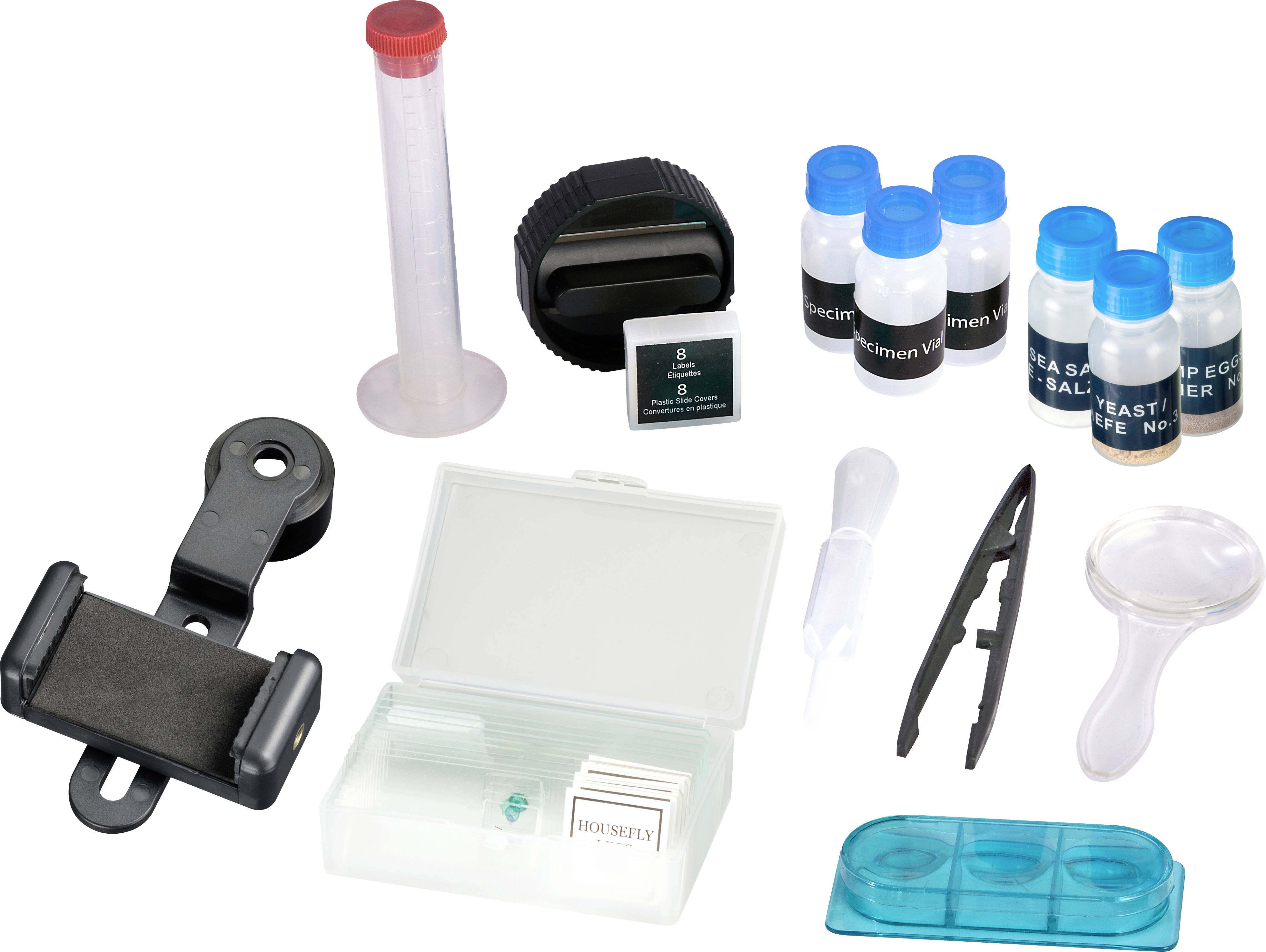 Zestaw akcesoriów mikroskopowych: Pipeta, pinceta, szkiełka podstawowe, pudełko na szkiełka, cylinder miarowy, pojemniki do przechowywania. Odpowiedni do przeprowadzania eksperymentów.