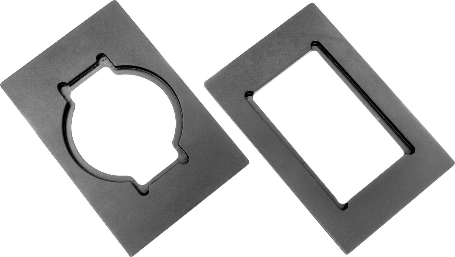 Dwie czarne płytki adaptera, jedna z okrągłym i druga z prostokątnym wycięciem, leżą obok siebie na białym tle.