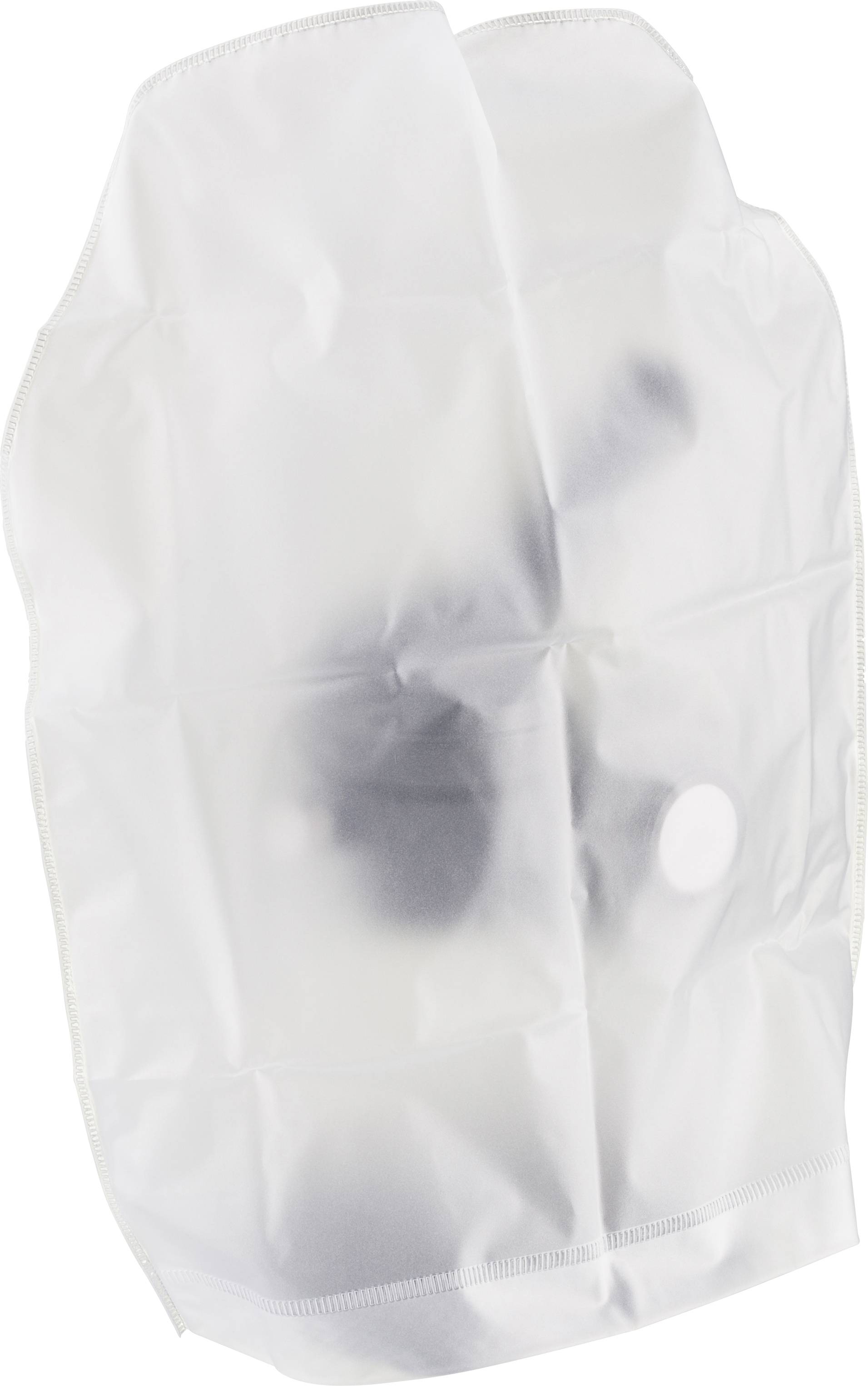 Biała torba plastikowa, częściowo przezroczysta, ukazuje niewyraźny czarny obiekt.