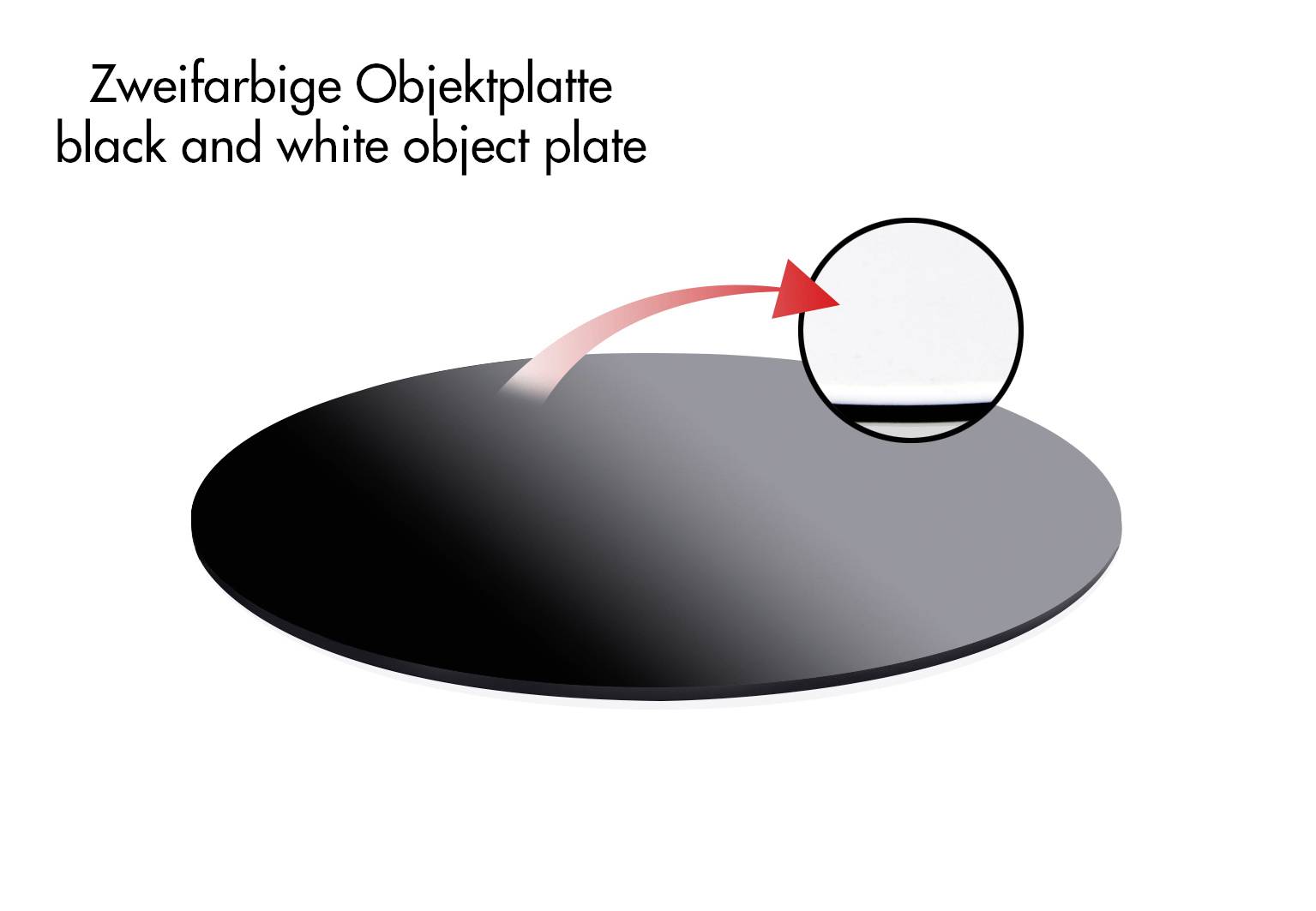 Dwubarwna płyta obiektowa z przedstawieniem okrągłej płyty, w połowie czarnej, w połowie białej, oraz powiększonym przekrojem.