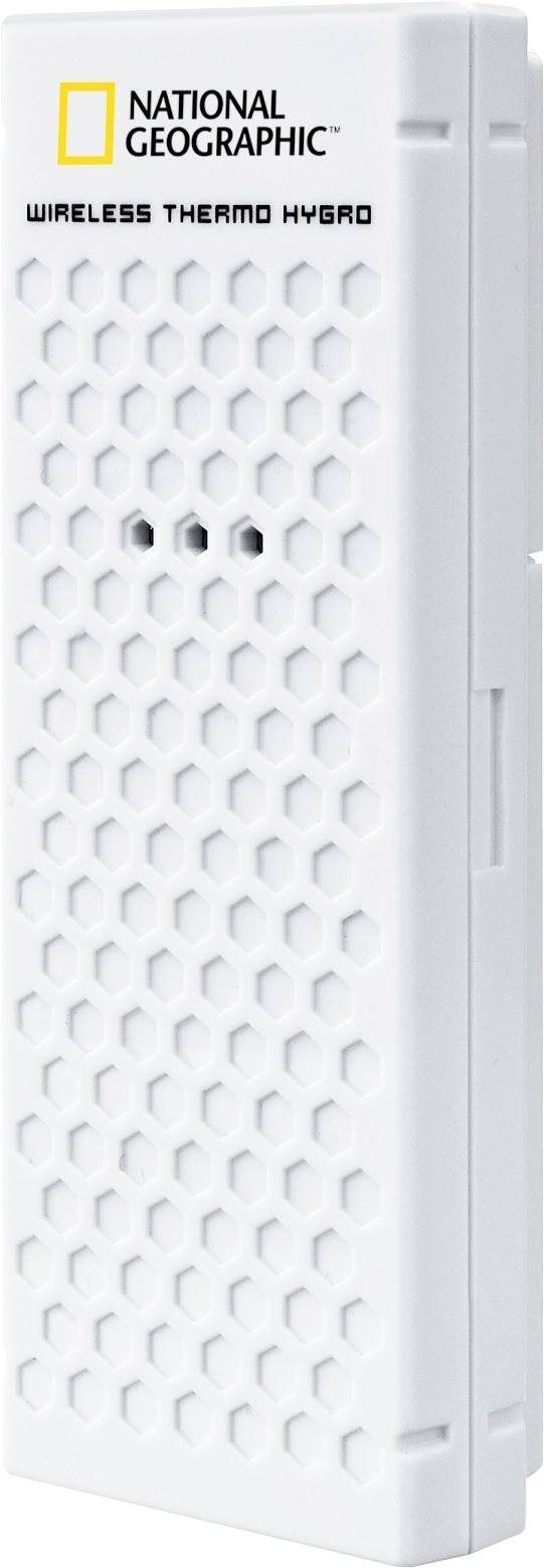 Bezprzewodowy czujnik termo-higrometryczny National Geographic o strukturze przypominającej plaster miodu, służący do pomiaru temperatury i wilgotności powietrza.