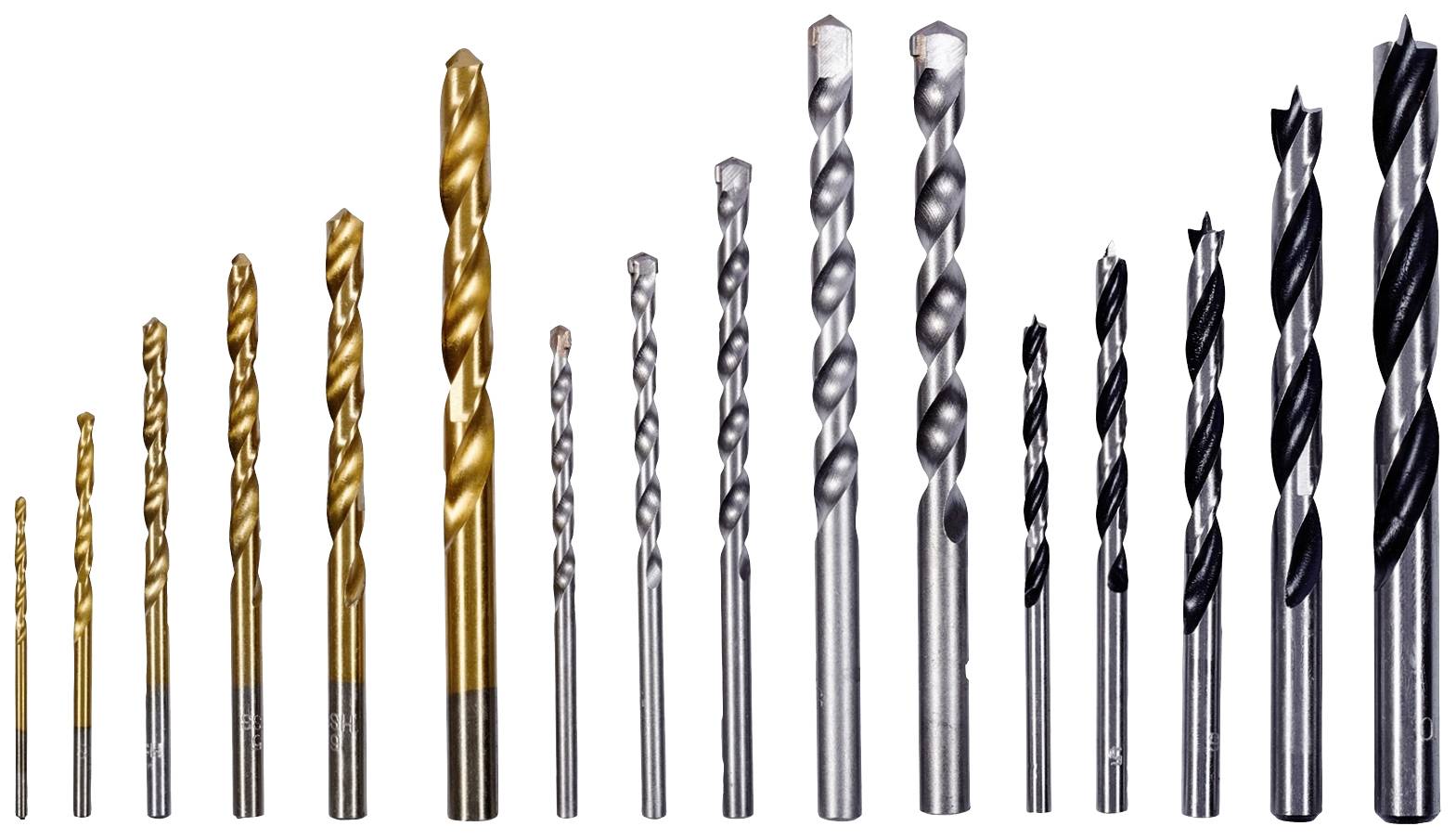 Różne rozmiary wierteł w rzędzie, rosnące od lewej do prawej, z powłokami złotymi i srebrnymi.