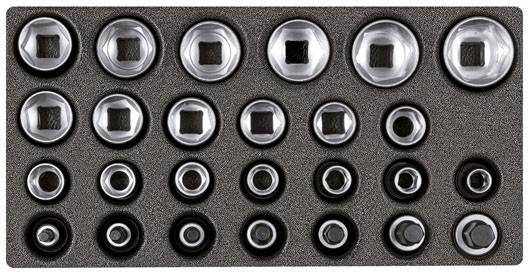 Zestaw pianowy z uporządkowanymi wkładkami nasadowymi różnych rozmiarów, ułożonymi symetrycznie.