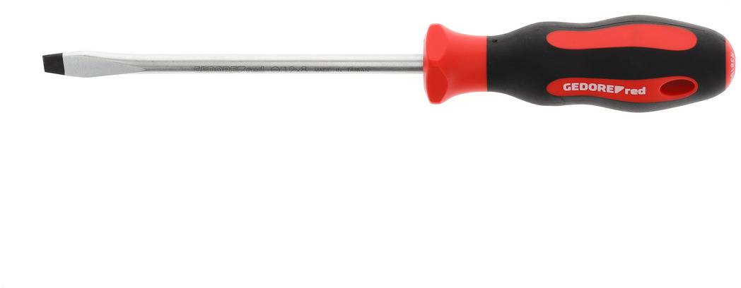 Płaski śrubokręt z czarną i czerwoną rękojeścią, idealny do dokręcania lub odkręcania śrub płaskich.