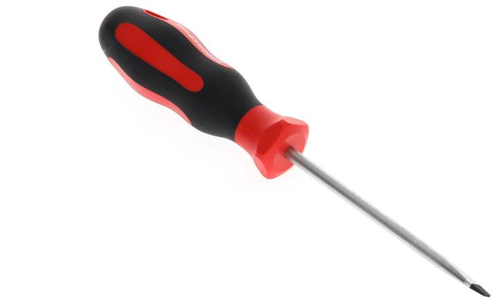 Czerwony i czarny śrubokręt z ergonomicznym uchwytem.