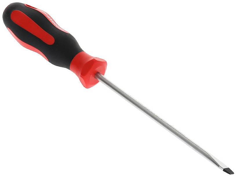 Śrubokręt z czarną i czerwoną rękojeścią.