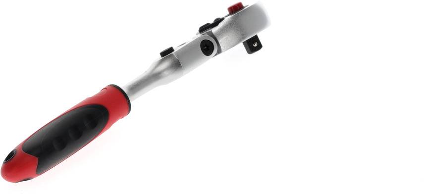 Grzechotka z czerwoną i czarną rączką, narzędzie do mocowania śrub, na białym tle.